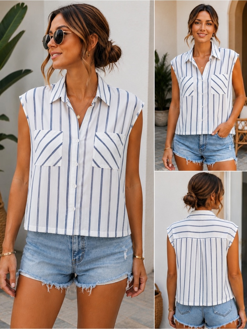 Pink Rose Striped Button Down Blouse S Blue White Sleeveless 100% Rayon Pockets